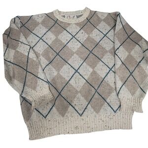 Vintage Apparel Workshop Argyle Sweater Mens XL Beige Blue Diamond Knit Pullover